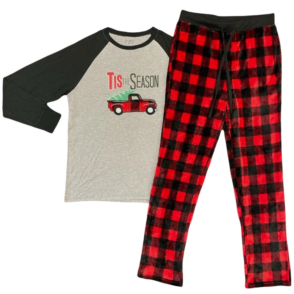 Tis The Season Holiday Red Black Checkered Fleece Drawstring Pajamas Sz S